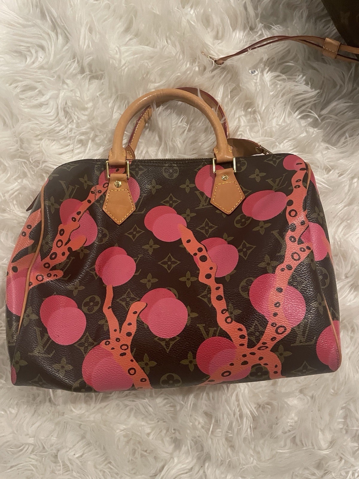 Louis Vuitton Monogram Brown Speedy Satchel Zip Top Pink Cherry Print Strap