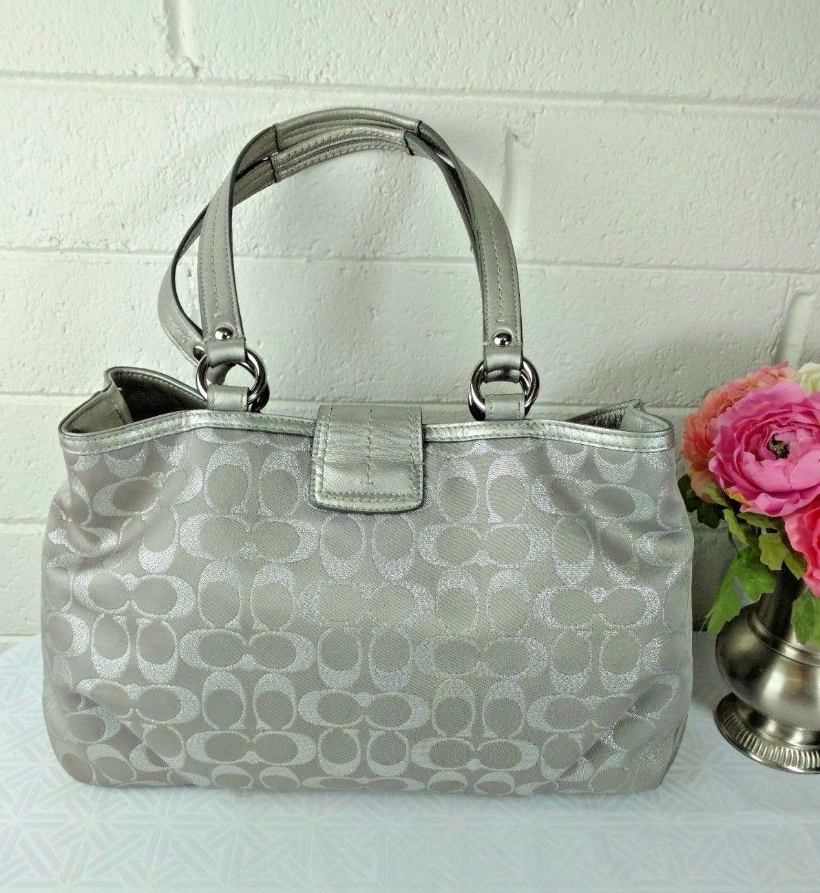 COACH TOTE SILVER SIGNATURE C JACQUARD/ LEATHER No. F18912 SATCHEL HANDBAG