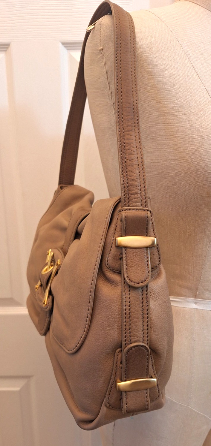 B. MAKOWSKY Taupe Leather Shoulder Hobo Bag Gold Bow Shaped Buckle NWOT