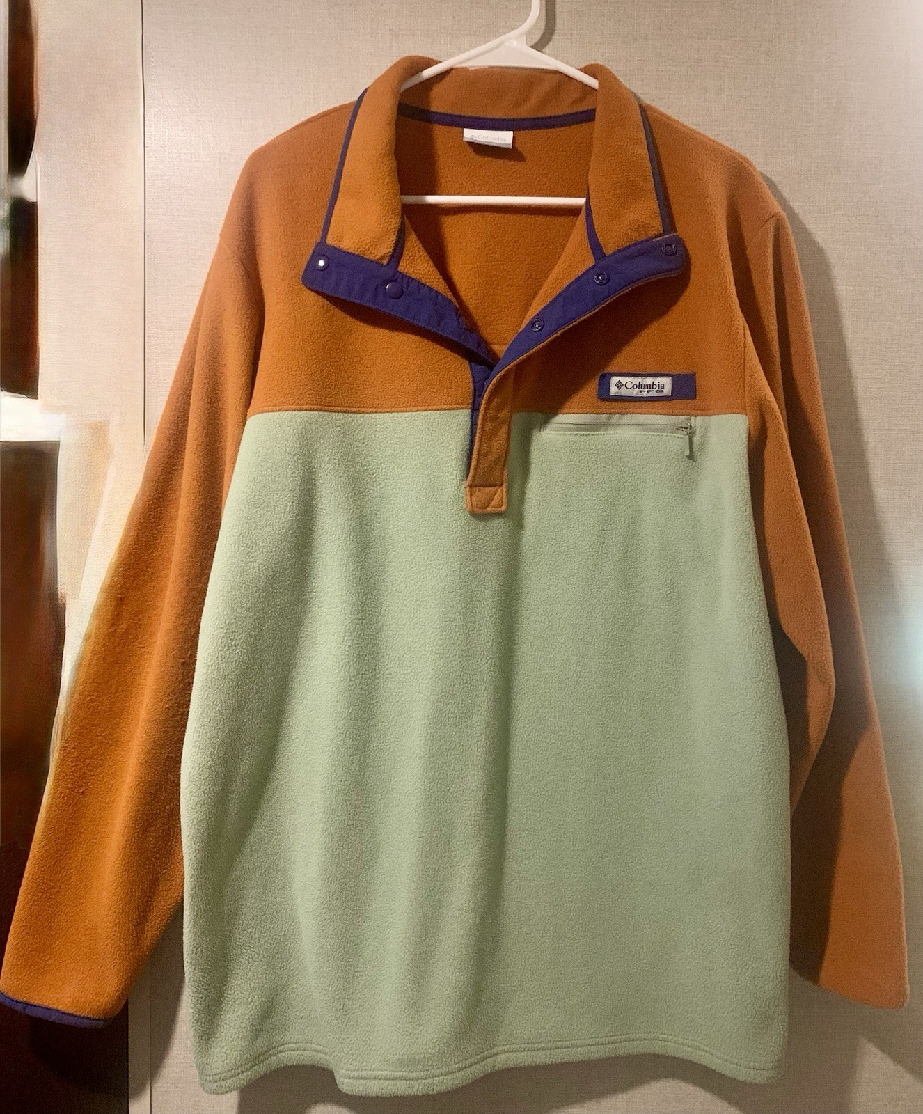 Columbia Colorblock Two-Tone Green & Orange Snap-Front Fleece Pullover large