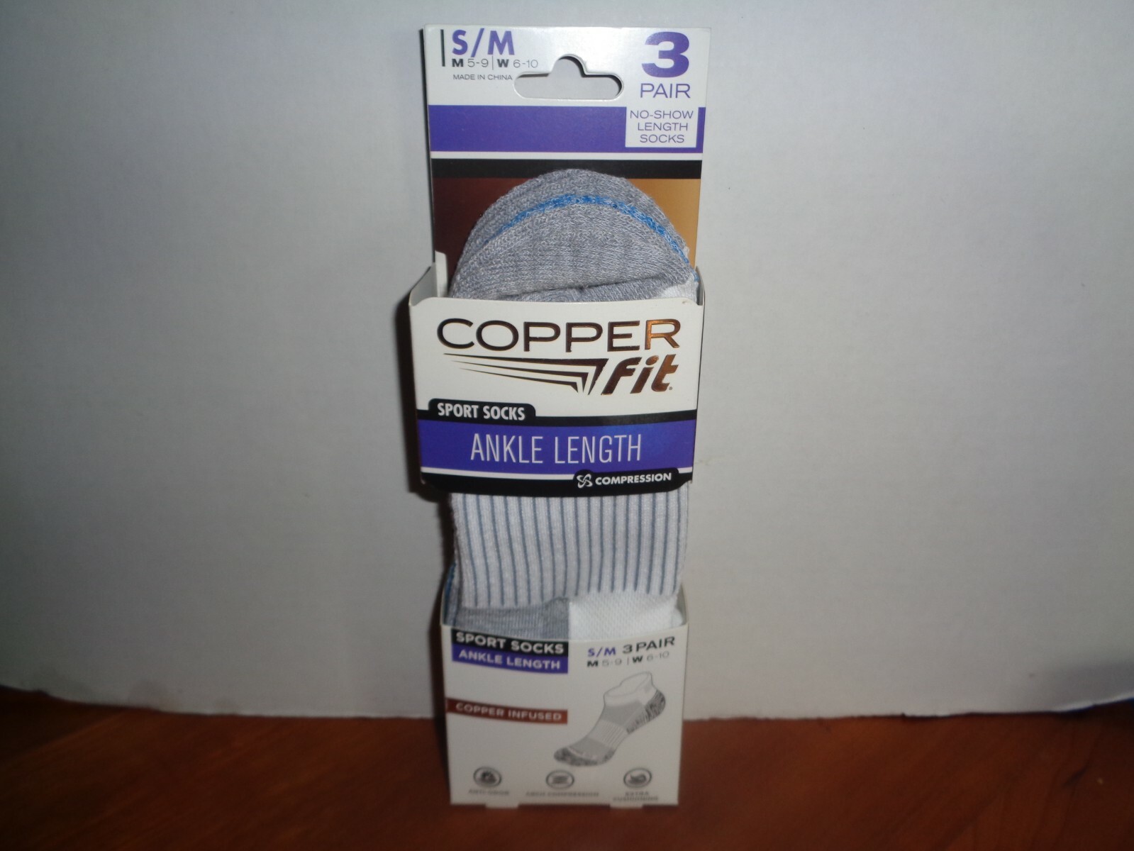 Copper Fit Infused Sport Ankle Socks 3 Pair White S/M Size Men 5-9 Women 6-10