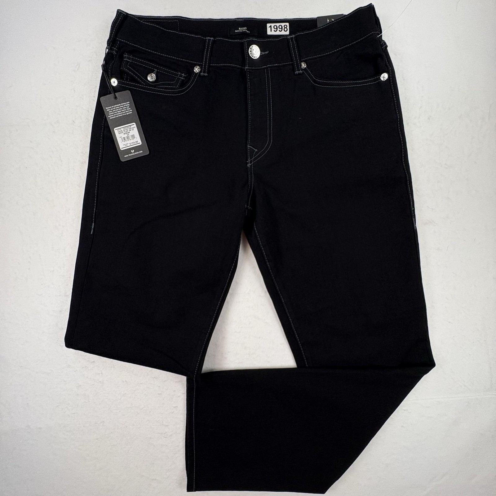 True Religion Ricky Jeans Mens 34×31 Black Relaxed Straight Stretch Denim Rinse