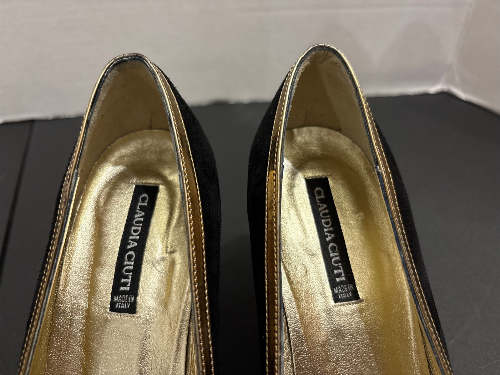CLAUDIA CIUTI Black Suede & Gold Pointed Toe Heels Pumps Size 9.5 M