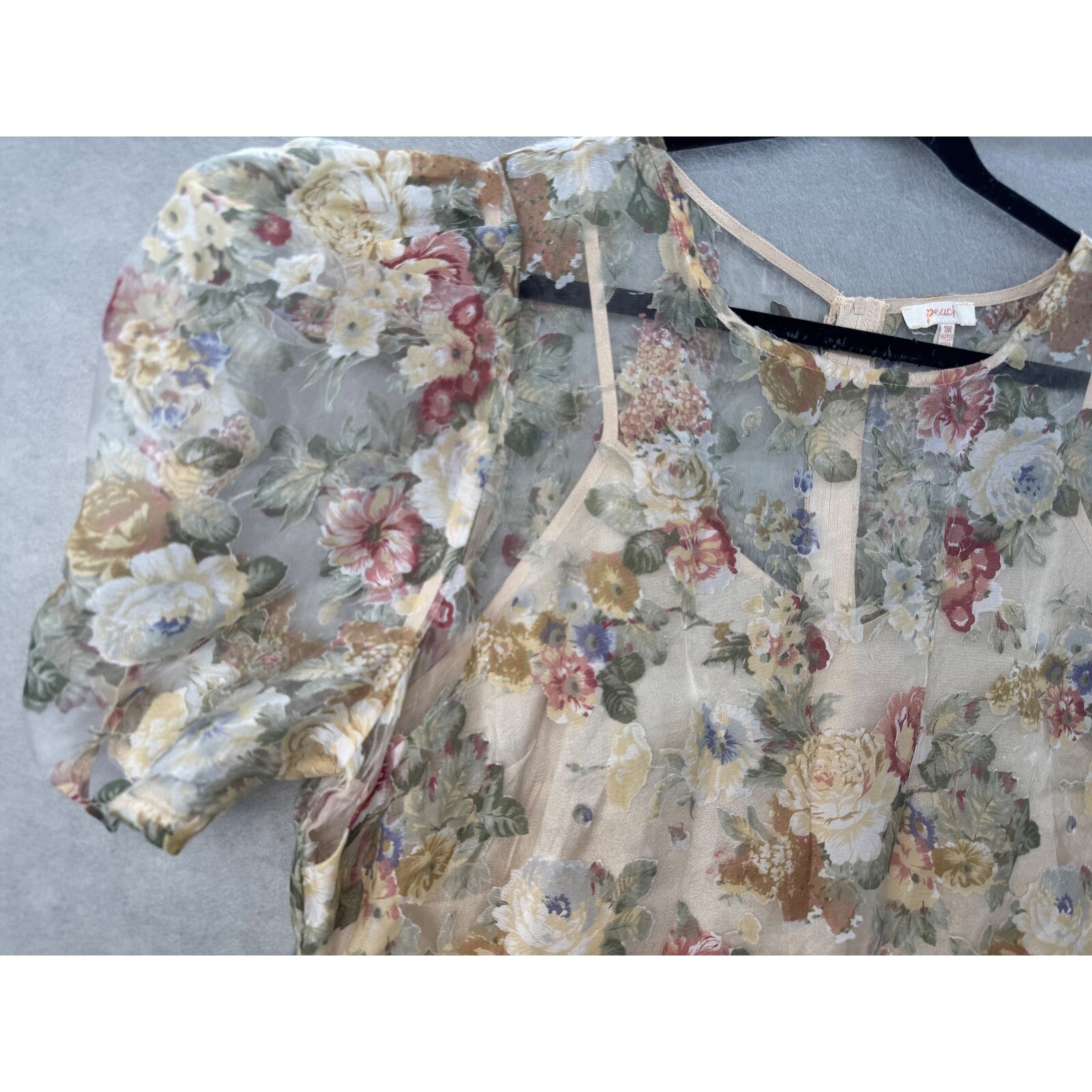 Peach Semi-sheer Floral Top Chiffon Zip Up Multicolored-3X