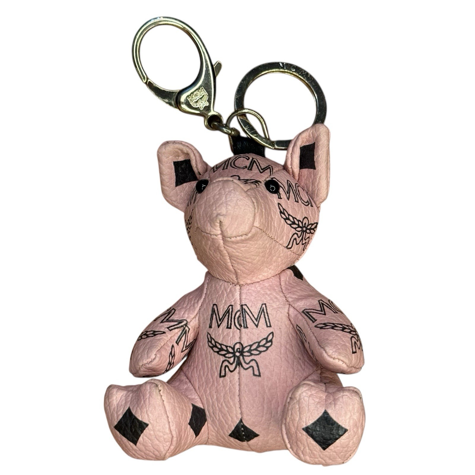 MCM Pink Leather Pig Key Chain Bag Charm Clip, Logo Pattern, Gold Tone