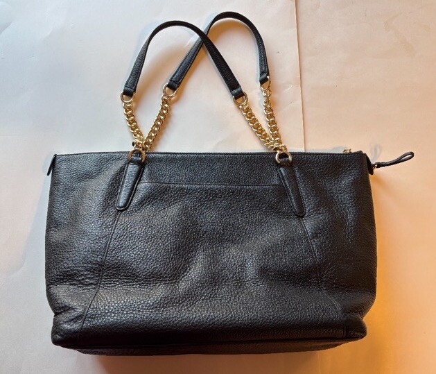 Ava Black Pebble Leather Chain Tote Bag by Coach
