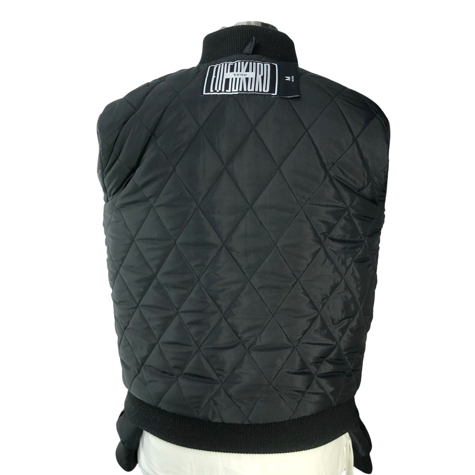 EVISUKURO Flight Jacket Mens M Black Graphic Zip Quilted Liner Streetwear Patch
