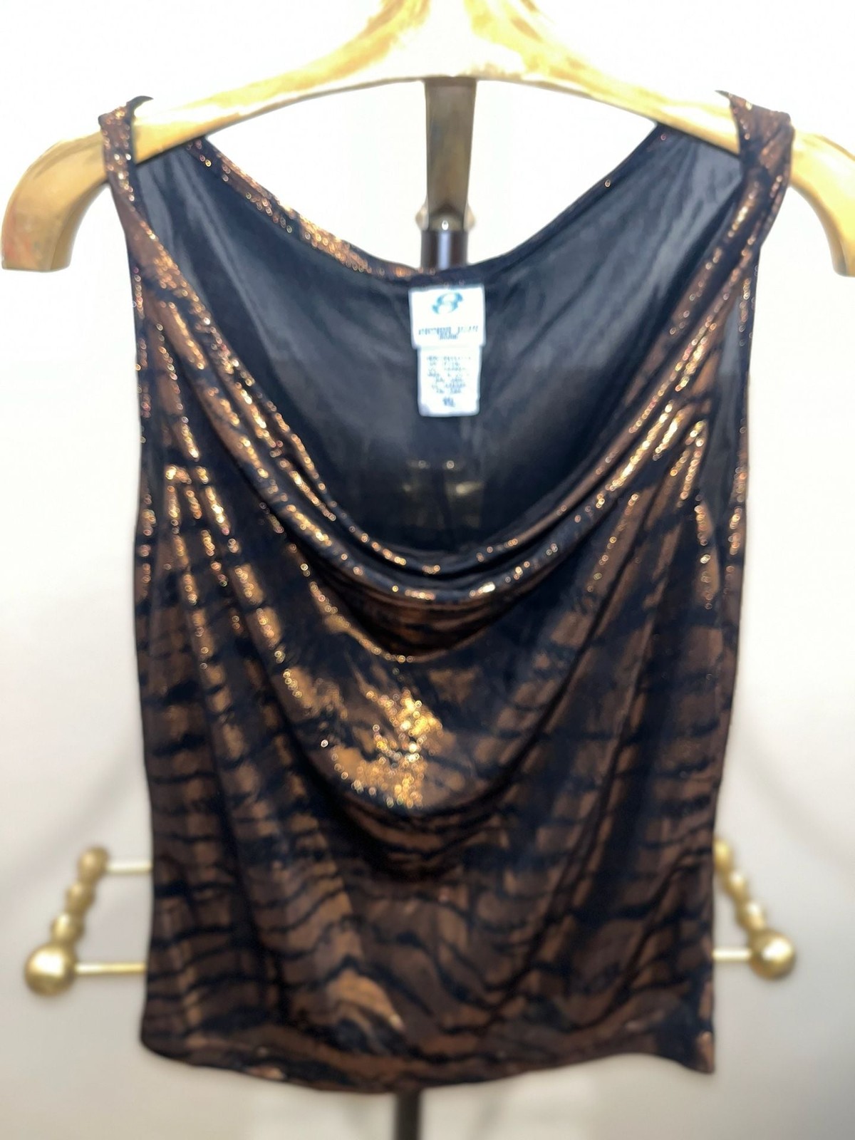 Anchor Blue Women’s Sleeveless Cowl Neck Animal Tiger Print Metallic Shimmer Top