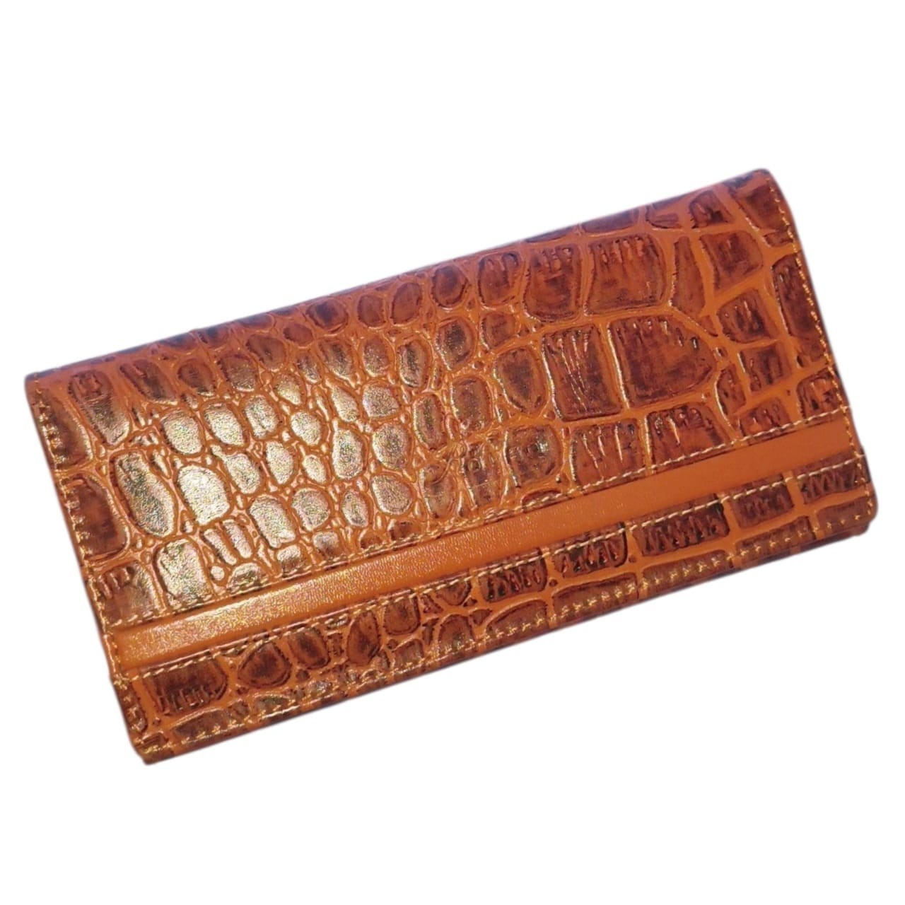 Women Genuine Leather Brown Wallet Crocodile Embossed Checkbook Case Zipper Long