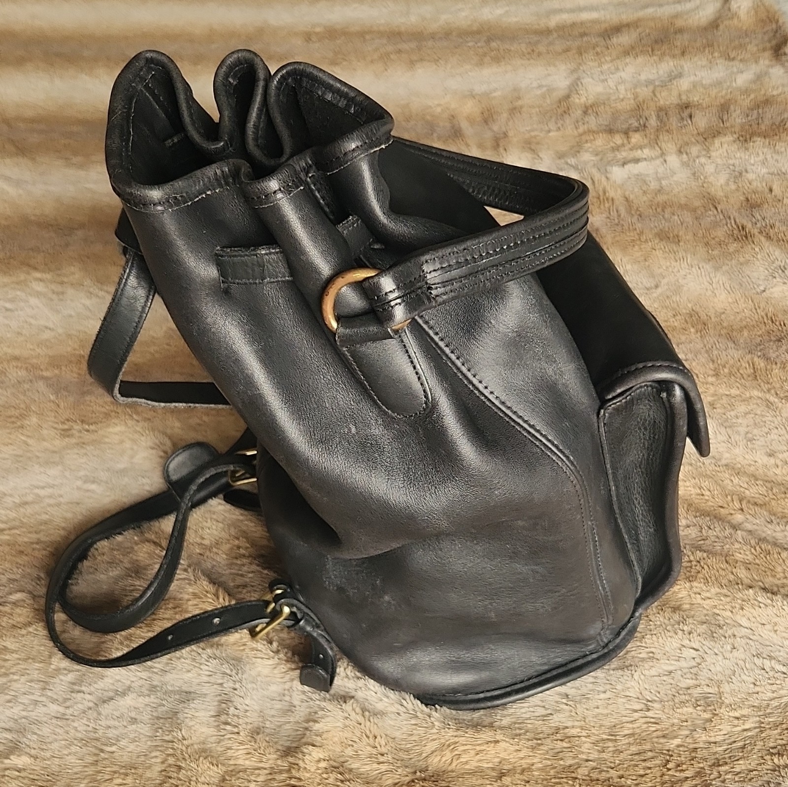 Coach Black Bucket Backpack, Drawstring & Turn Lock, Brass Hardware, Charm, 9992