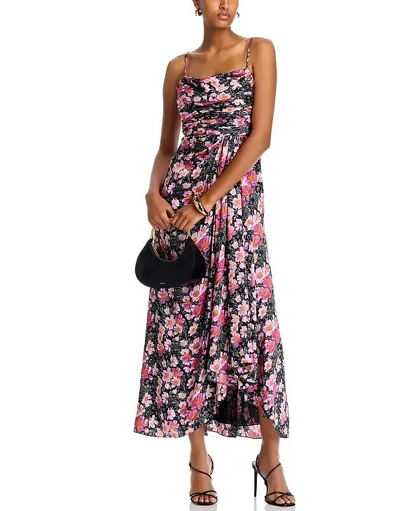 NWT- CINQ À SEPT ‘Kasia’ Cosmo Flowers Maxi-Dress, Black/Mauve Orchid – Size 12