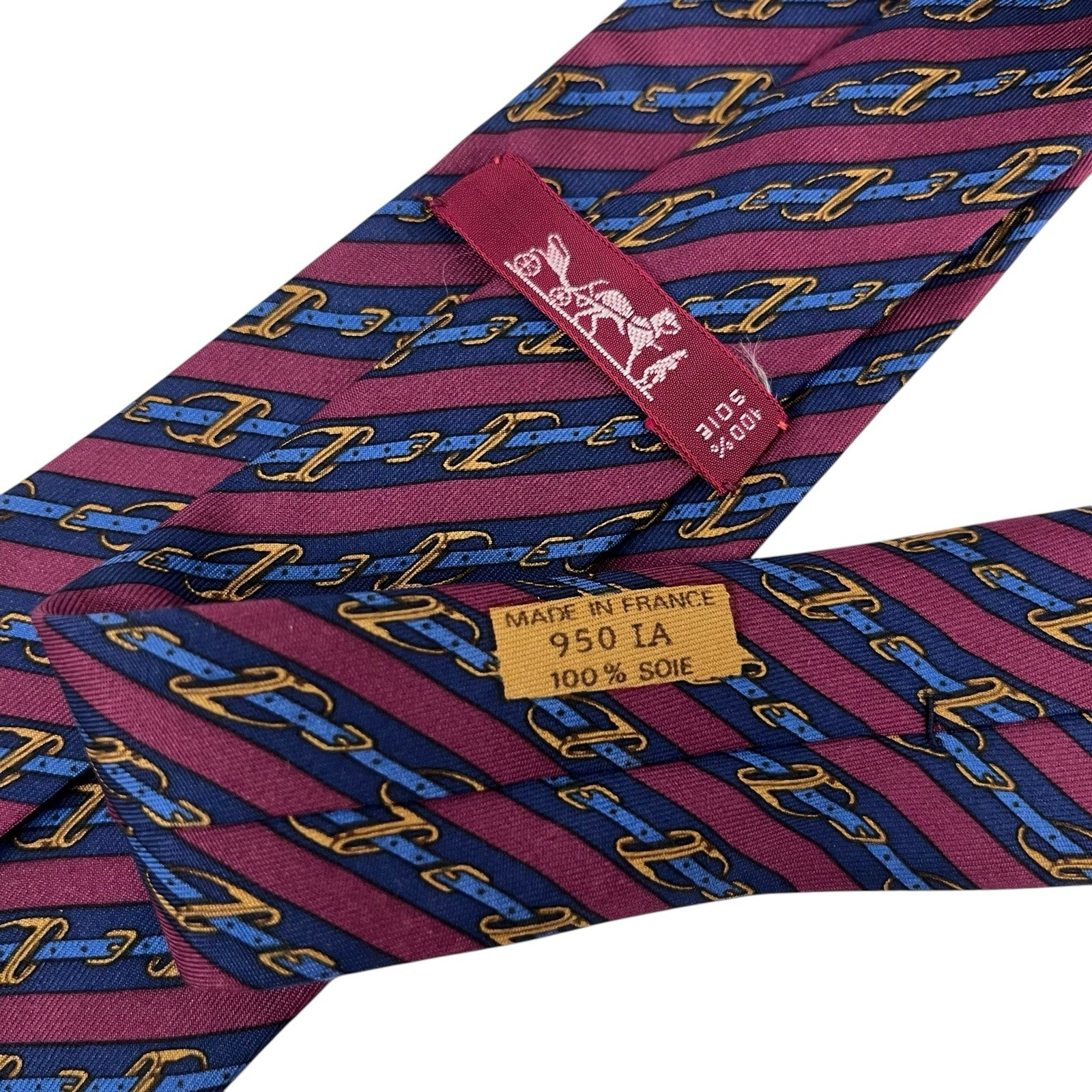 Hermes Men’s Tie Equestrian Belts Burgundy/Navy Silk 950 IA 3 1/8″ (W) 55.5″ (L)