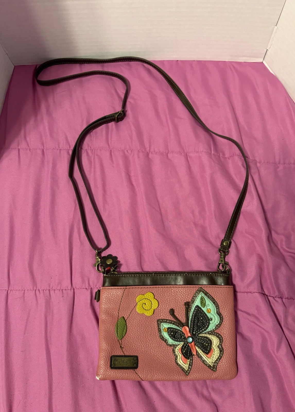 Chala Pink Butterfly Flower Accent Crossbody Bag Brown Strap Bronze Zipper Purse