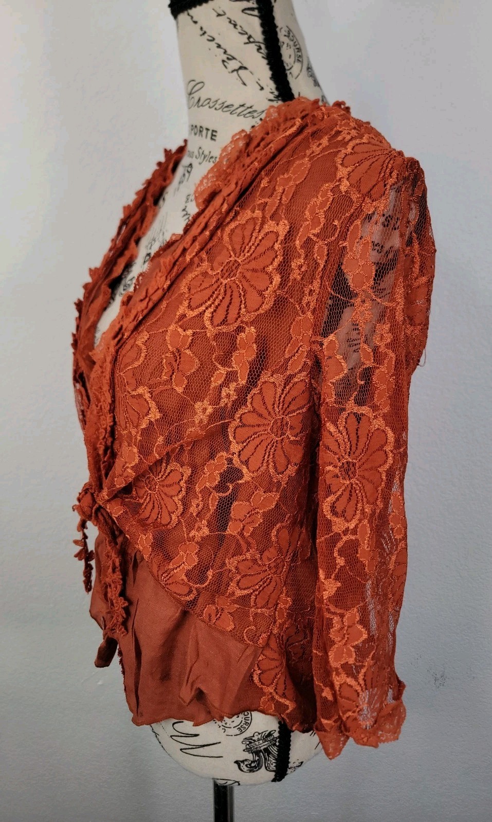 NWT Pretty Angel Top Sz Medium Lace Overlaid Semi Sheer Orange Rust Boho Sheer