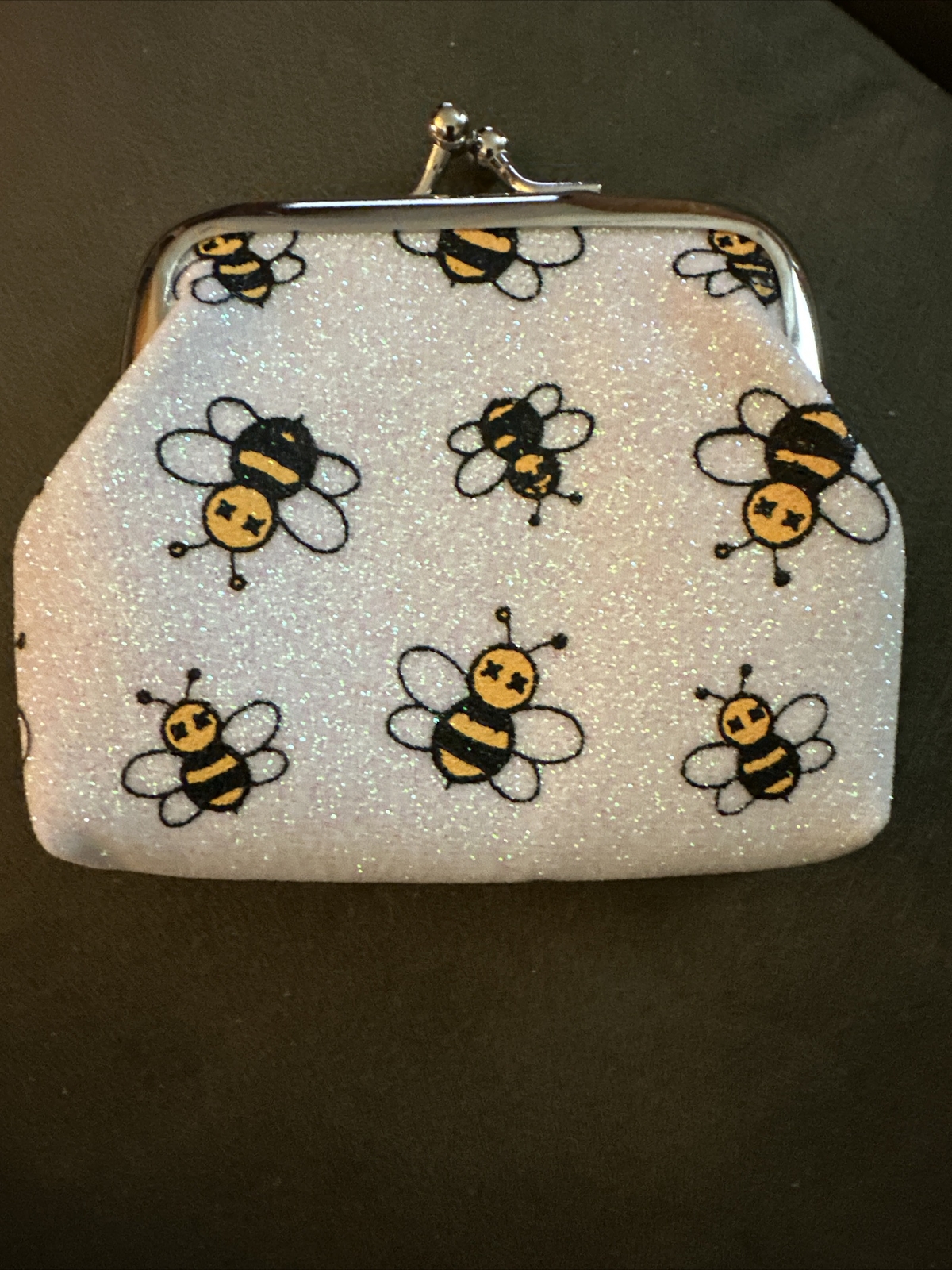 White With Multi Colored Glitter XS Coin Change Purse With Black And Gold Bees