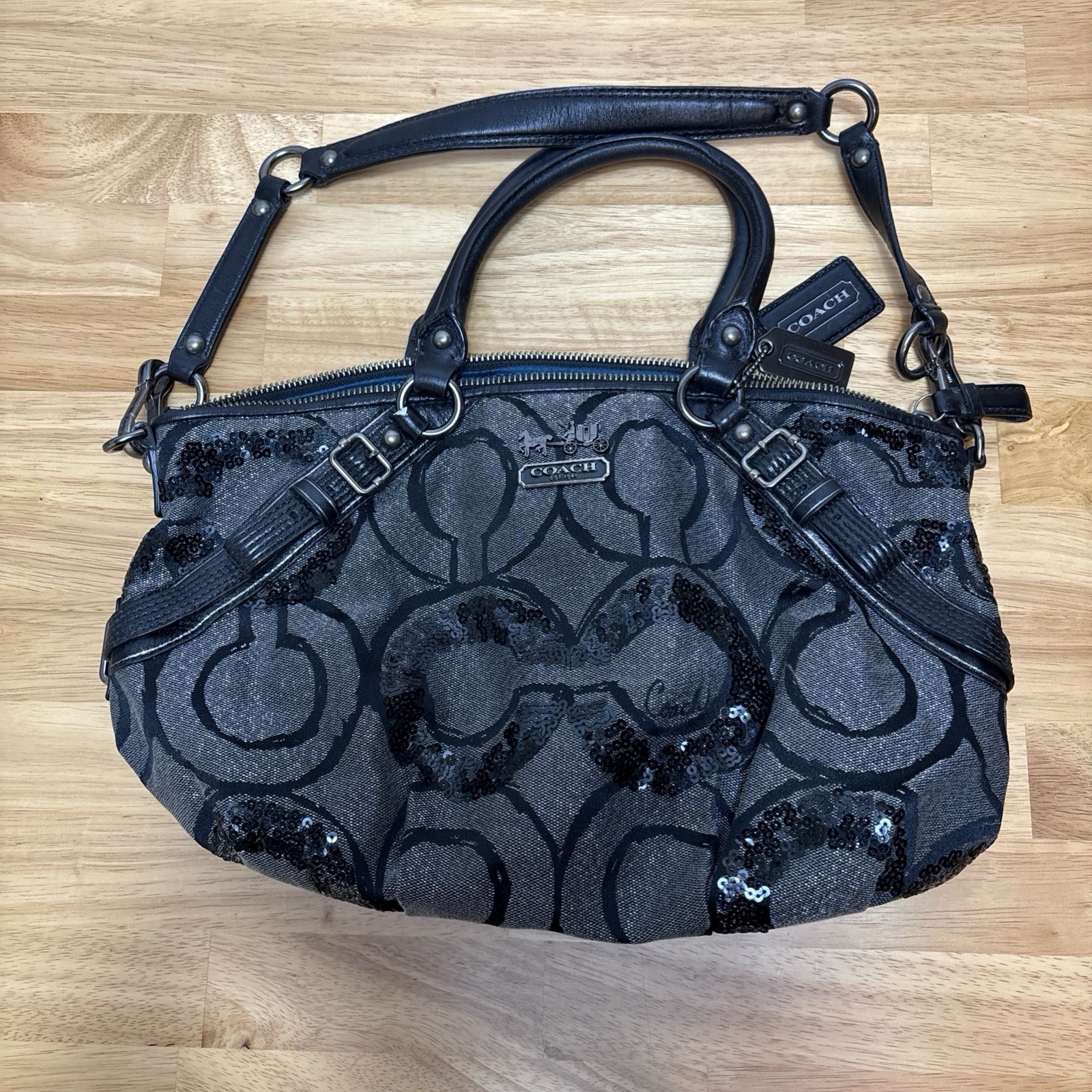 Coach Madison Sophia Medium Sequin Op Art Black Handbag Satchel With Hand Tag
