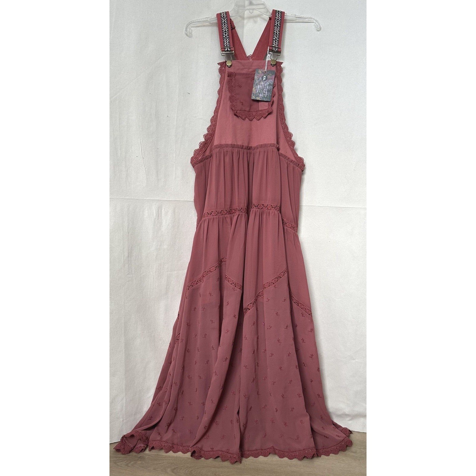 NWT Gacaky Boho Western Prairie Dusty Rose Bib Overall Tiered Maxi Dress Sz. 2XL