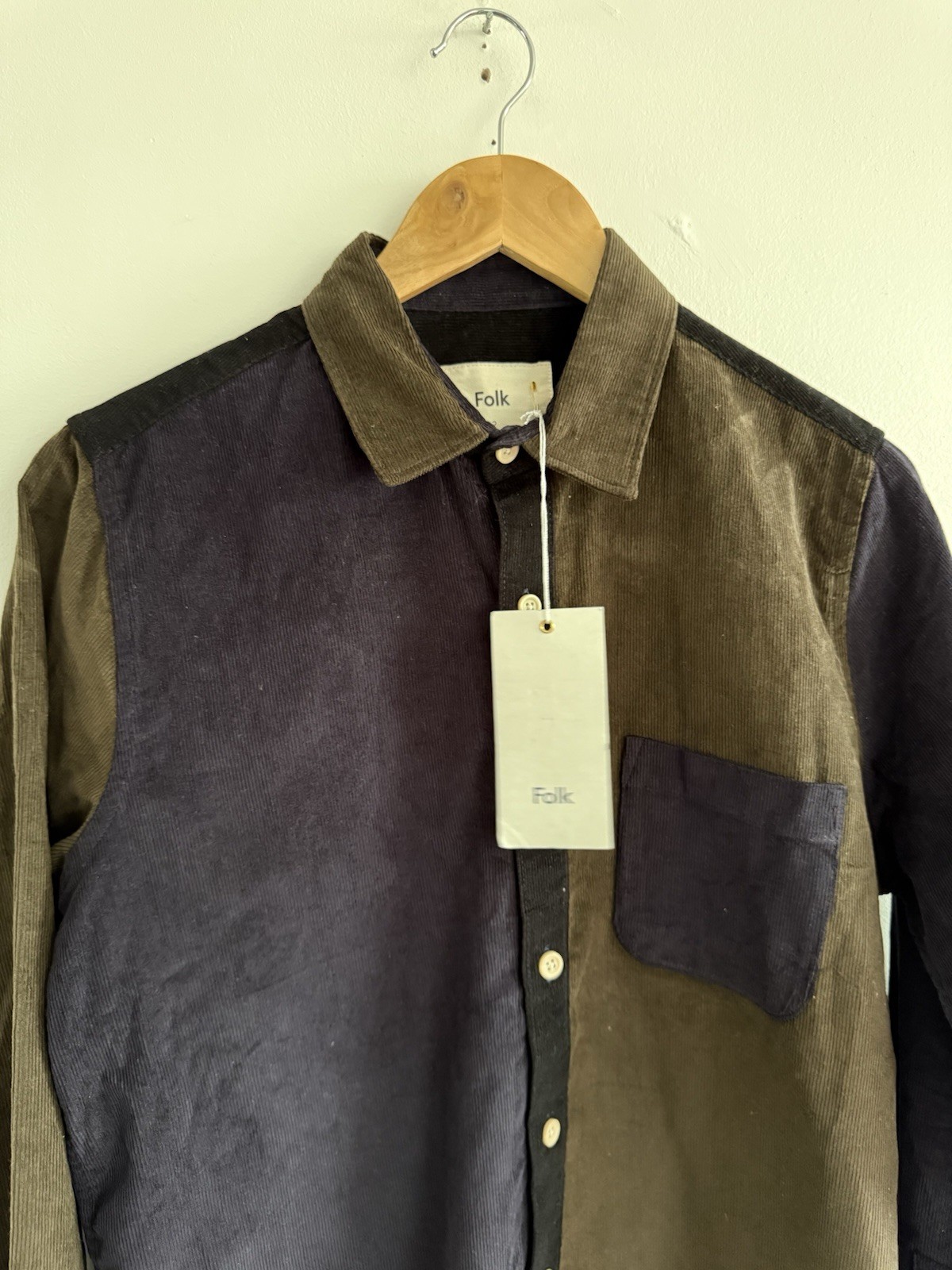 Folk Harper Colour Block Corduroy Shirt Mens Small 2 Khaki Navy Button Up BNWT