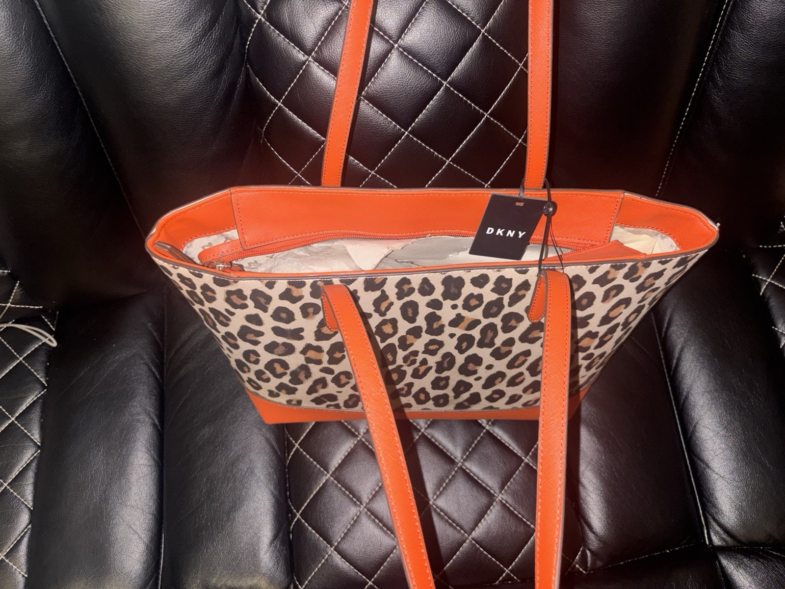 DKNY Leopard Animal Print Large Tote Orange Trim Zip Top Double Handles Pockets