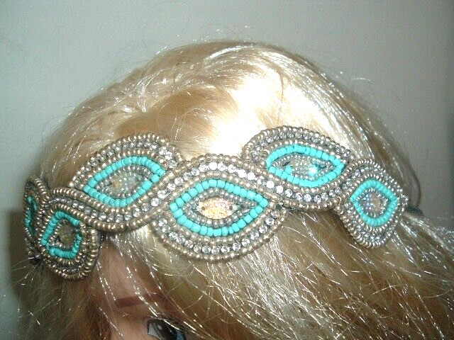 Downton Abbey style Gold Turquoise and White Rhinestone Stretch Headband NWT