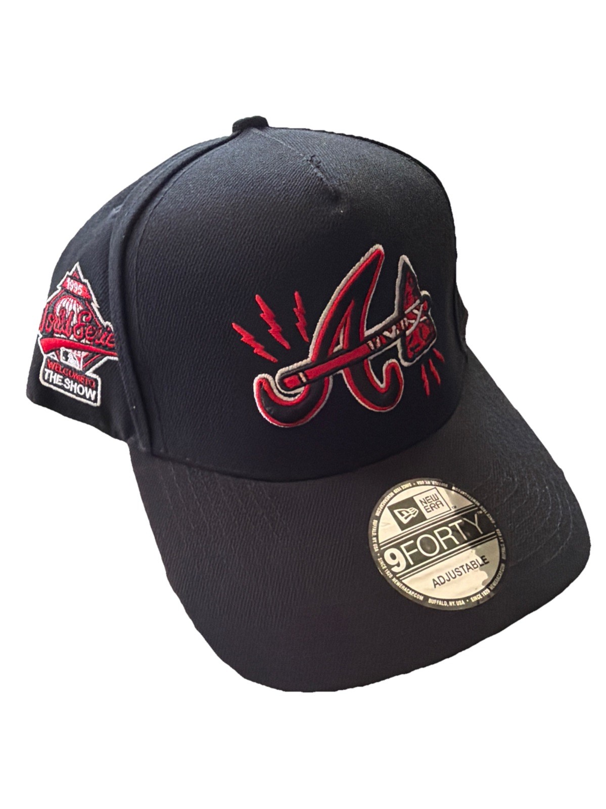 New Era Atlanta Braves 9FIFTY Snapback Hat Navy Red Side Patch