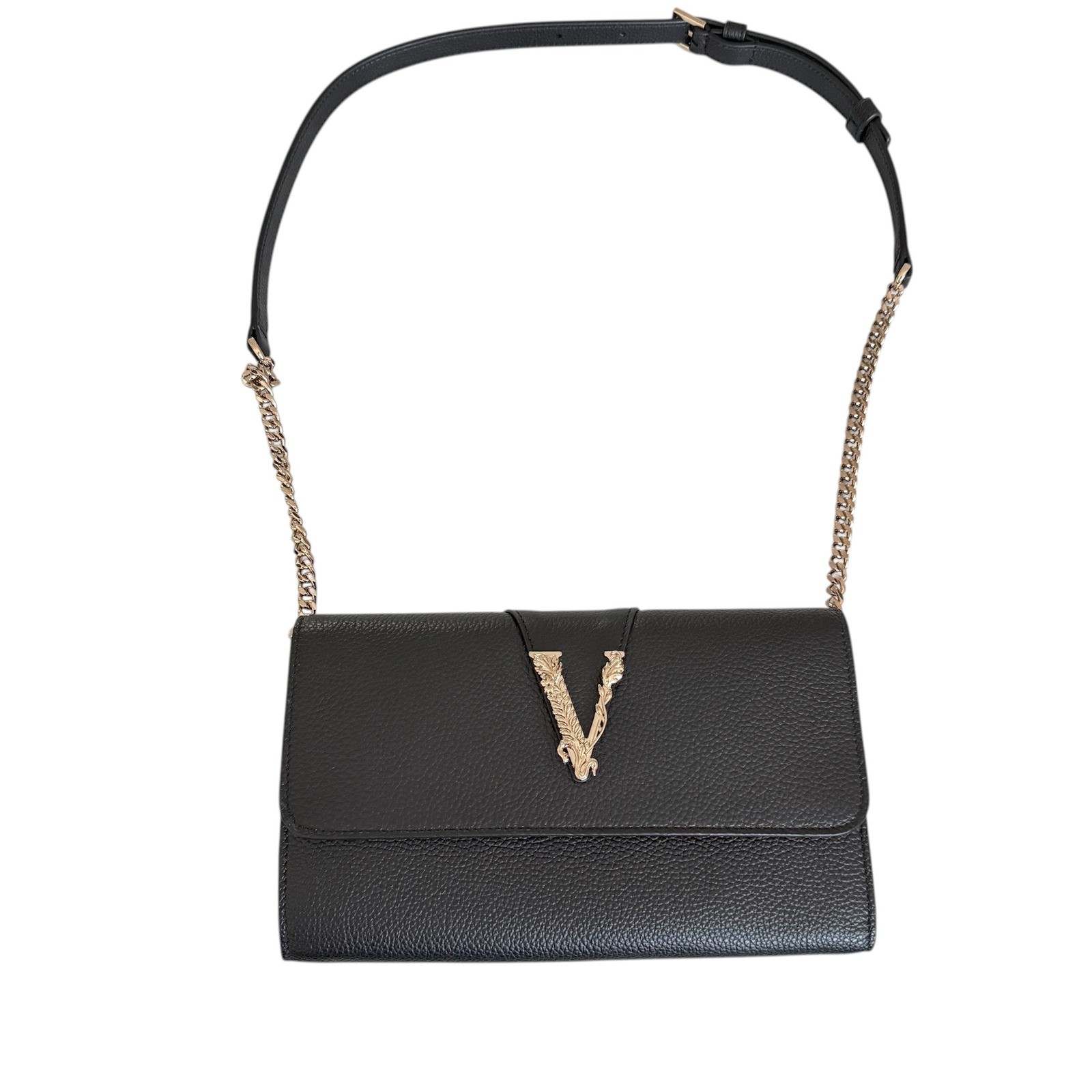 Versace Virtus Wallet on Chain Black Vitello Leather Bag 1006264 Nero-Oro