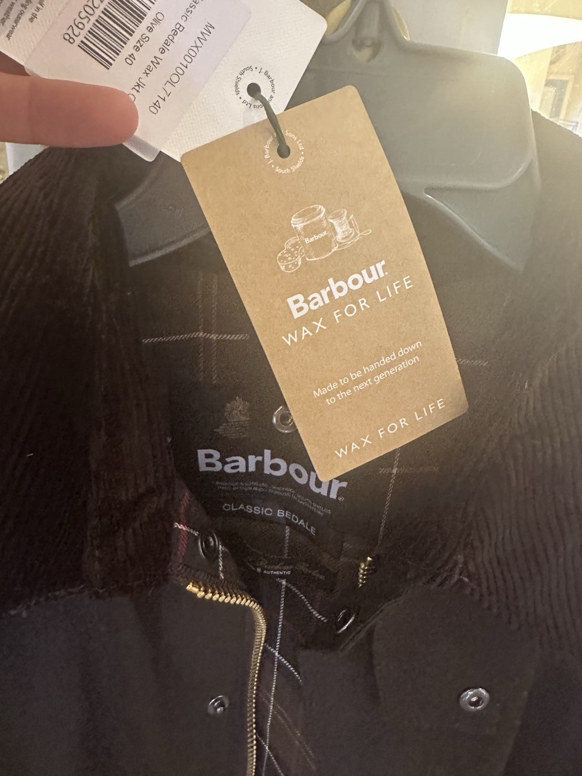 Barbour Men’s Olive Wax Jacket Size 40 Classic Fit Zip/Snap Corduroy Collar