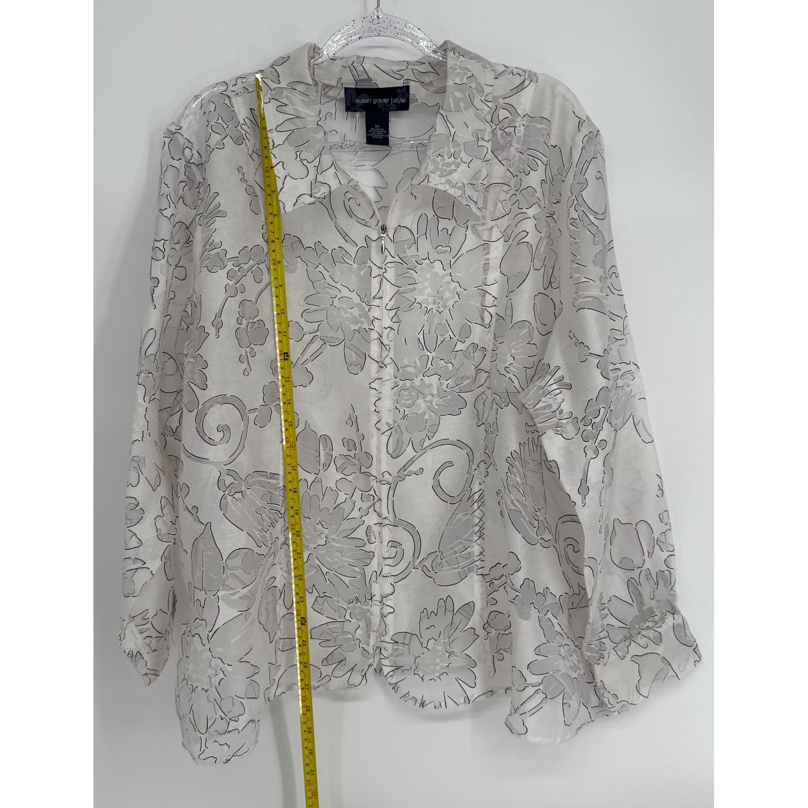 Susan Graver Style White Grey Floral Burnout Zip Front Blouse Jacket Sz 3X