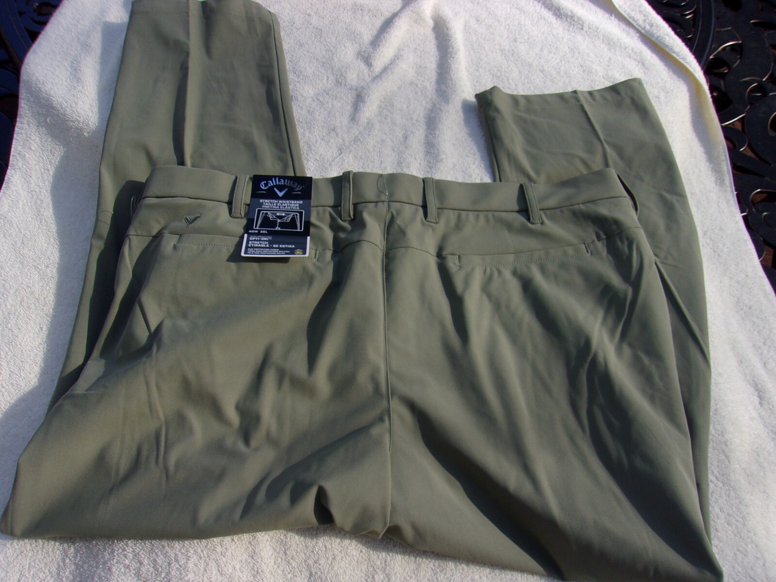 NWT Callaway poly. blend golf pants, men’s 38 x 30, green, or dark khaki, $96