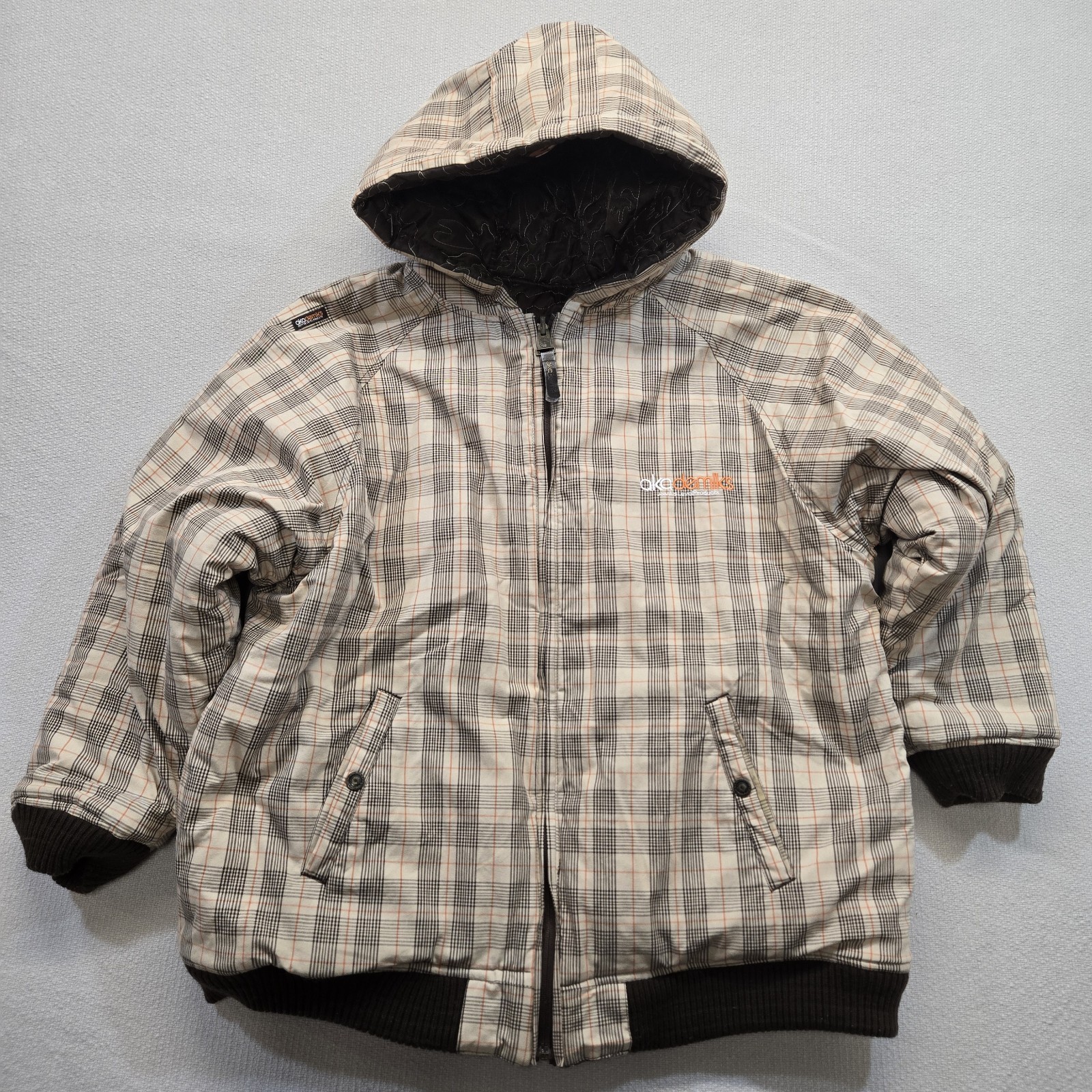 Akademiks Reversible Hooded Coat Mens L Large Brown Plaid Streetwear Jacket VTG
