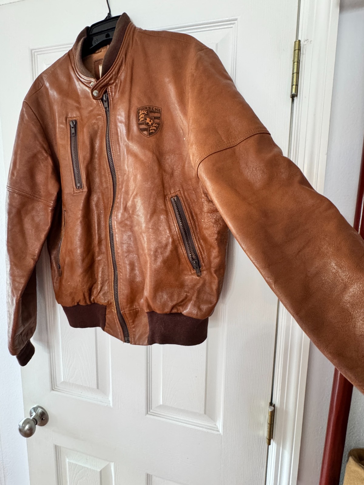 VINTAGE LEATHER PORSCHE JACKET ZIP UP THE LEATHER WORKS CALIFORNIA 21.5″x27.5″