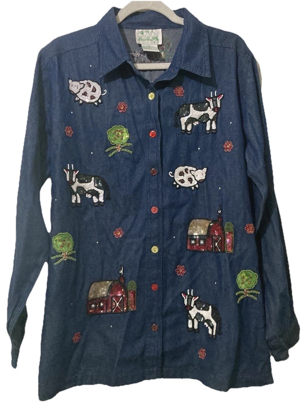 Quacker Factory Size Medium Farm Animals Button Up Shirt Beaded Sequin Chambray