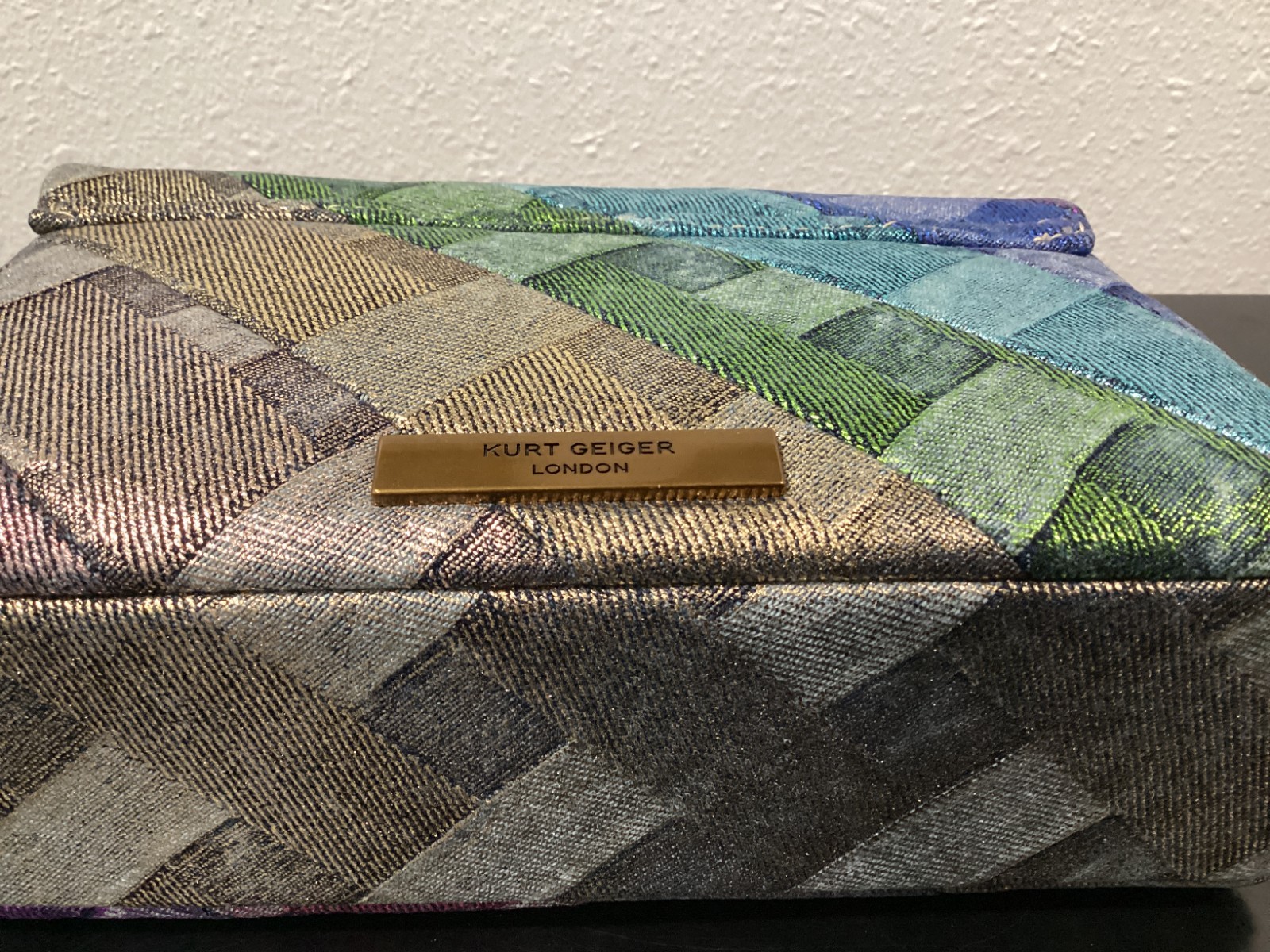 Kurt Geiger Mini Kensington 8″x5″x2.75″ Distressed Metallic Rainbow Denim Soft