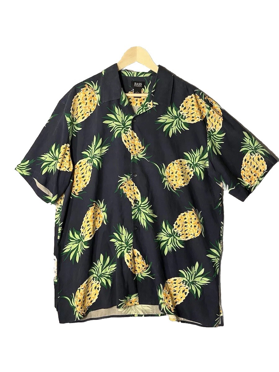 Pineapple Silk Camp Shirt Mens Sz L Loop Collar Short Sleeve Button Up Beach
