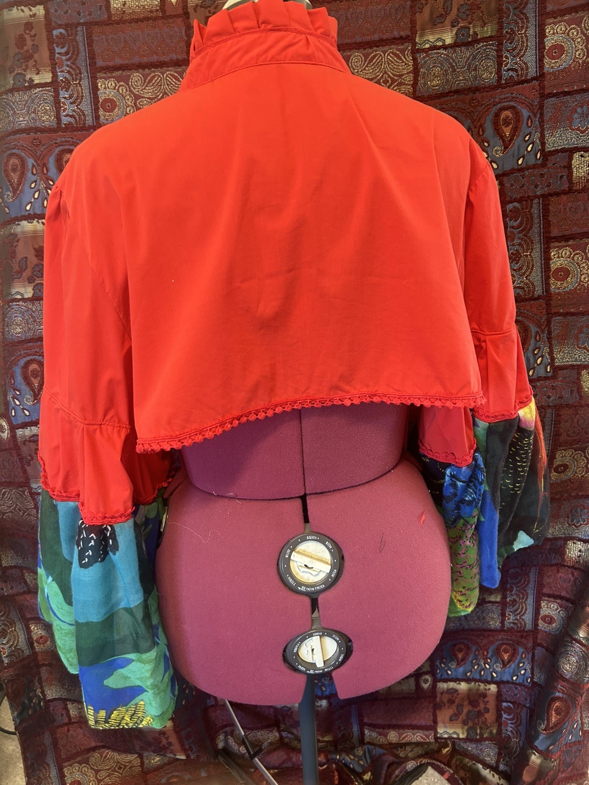 Upcycled handmade red bolero top with flared Desigual scarf sleeves