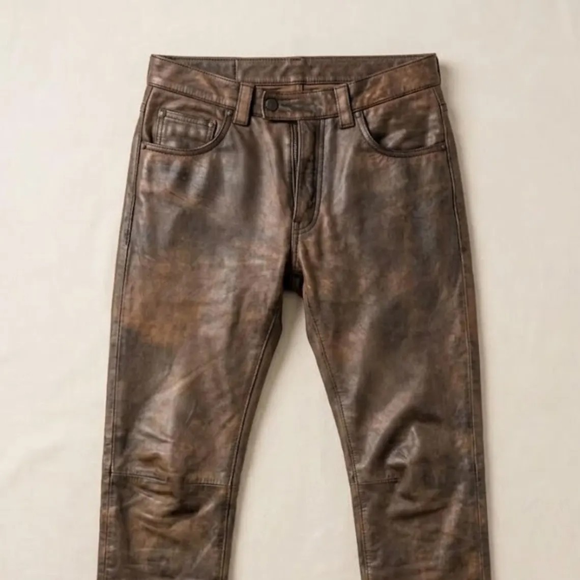Handmade Men’s Distressed Brown Genuine Leather Pants Vintage Western Biker Pant