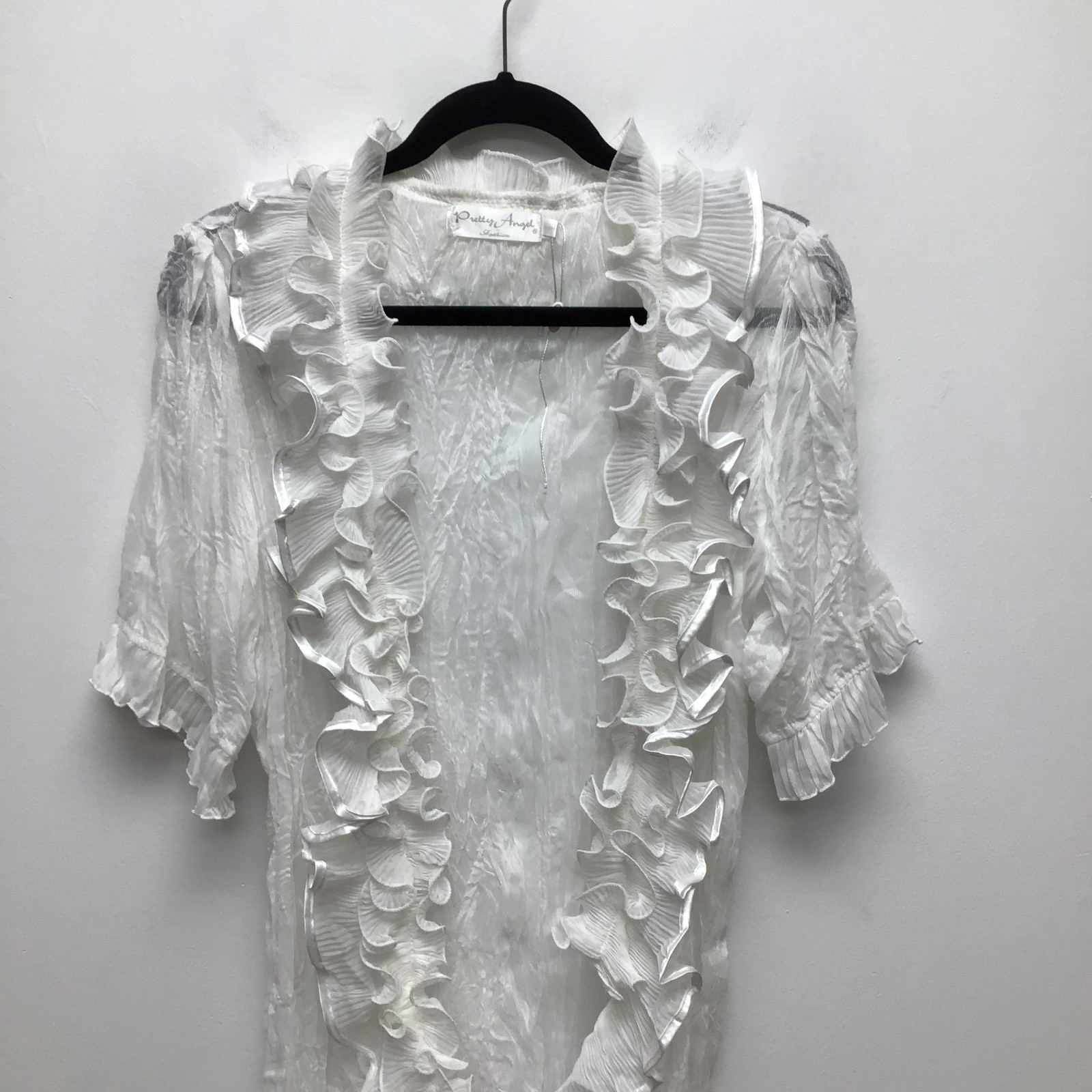Pretty Angel Semi-Sheer Crinkled Silk-Blend Ruffle Short Sleeve Cardigan – Large