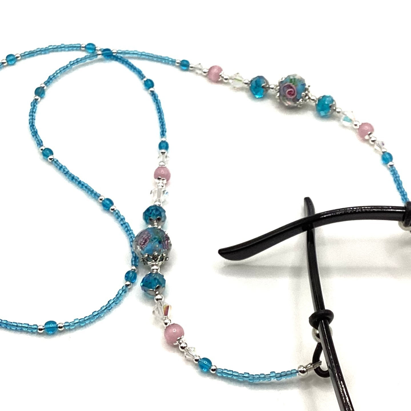 Turquoise and Pink Flowers, Beaded Eyeglass or Sunglass Chain Holder, 28 inches