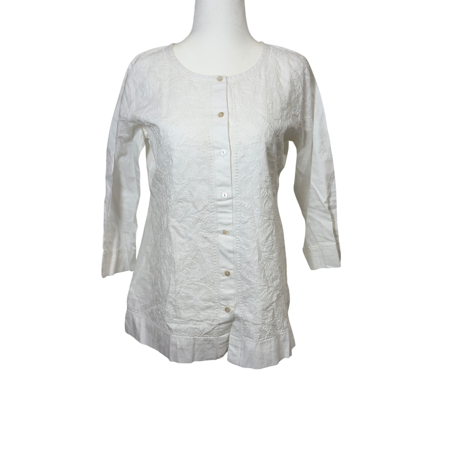 Ada Hand Embroidered Chikankari White Cotton Tunic Button Front Boho Top