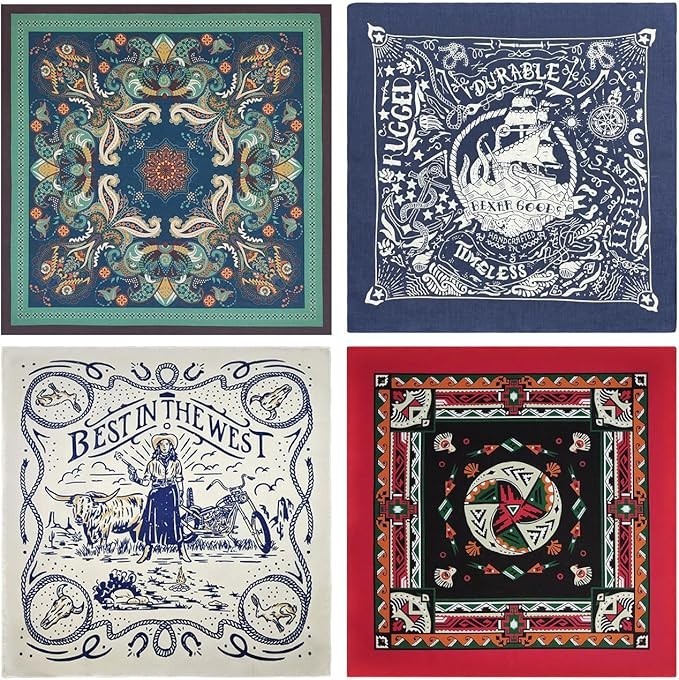 Bycc Bynn 4-Pack 100% Cotton Bandana Set, Vintage Graphic Print, 22×22 inches