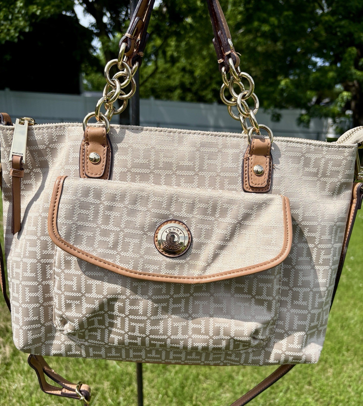 Tommy Hilfiger Coin with Chain Monogram Jacquard Travel Tote Khaki Tonal Logo