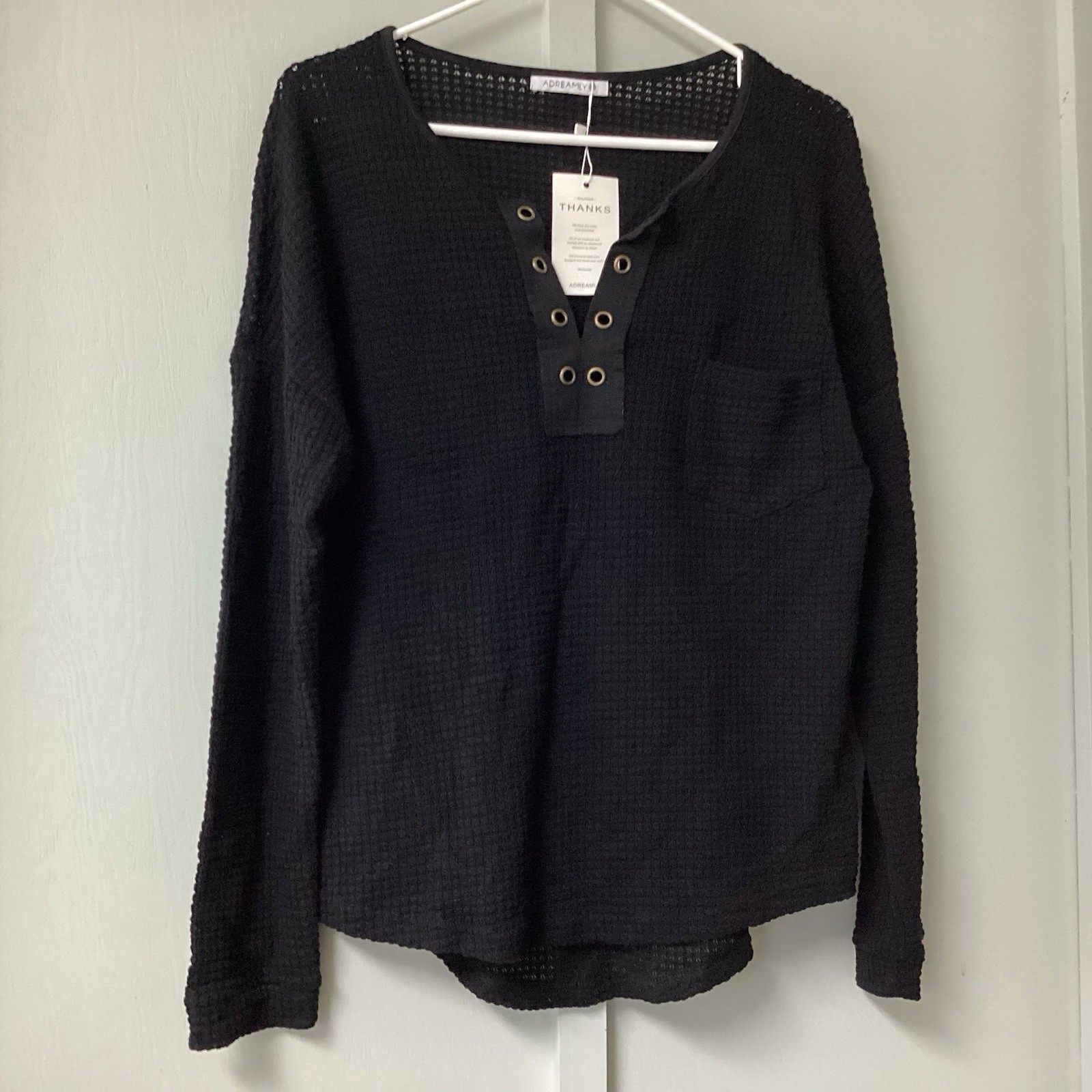 ADREAMLY Black Semi-Sheer Blouse Women’s Size Medium Waffles Studs Hole Knit New