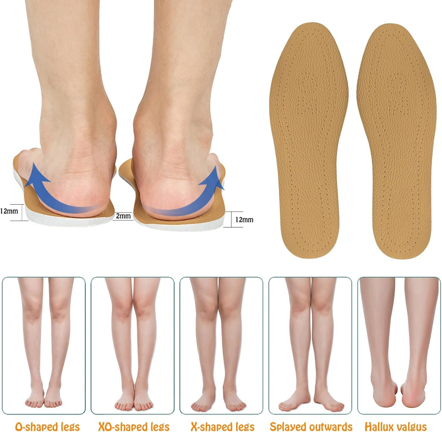 Supination Insoles,O/Xo Leg Orthopedic Corrective Brown Insoles, Foot Alignment