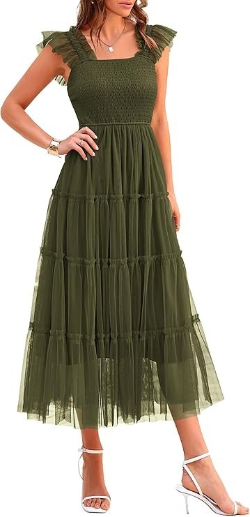 PRETTYGARDEN FAB! Tulle Midi Dress Green Sleeveless Smocked Ruffle Flowy Mesh L
