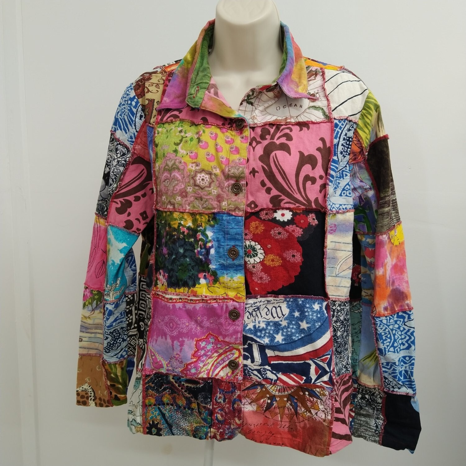 Gandy Couture Womens Top Shirt Jacket Medium Red Colorfull Design Long Sleeve