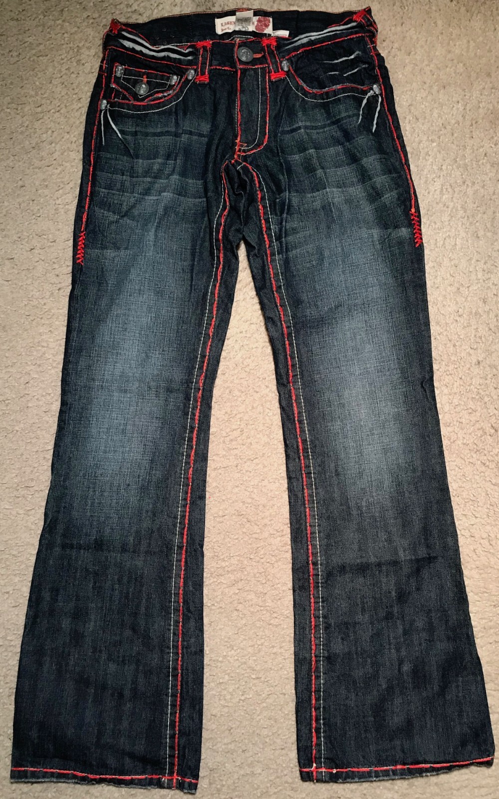 LAGUNA BEACH RARE VINTAGE BLUE JEANS RED ACCENTS SZ 31 (ACTUAL 33X34) GREAT COND