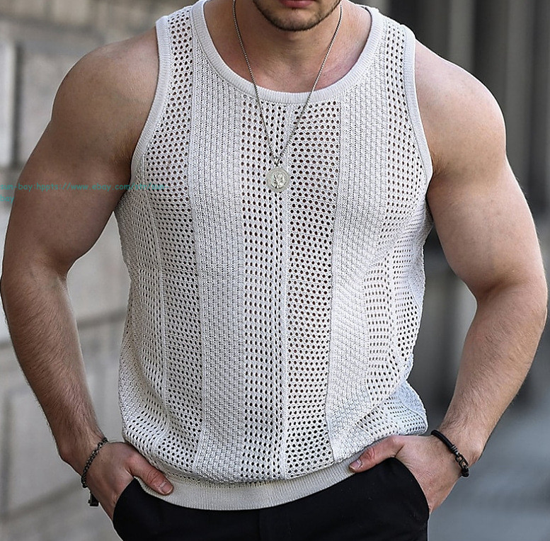 New Men’s Sleeveless Crew Neck Vest Knitted Tops Hollow Out T-shirt Summer Shirt