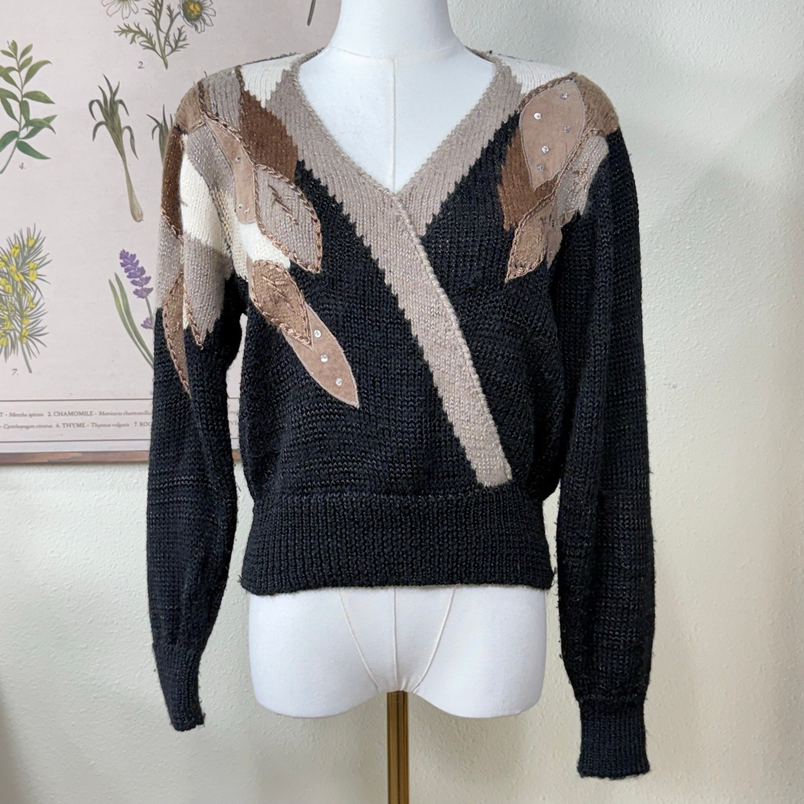Vintage 80s 90s Black Beaded Sequin Faux Wrap Pullover Sweater Retro Grandma S