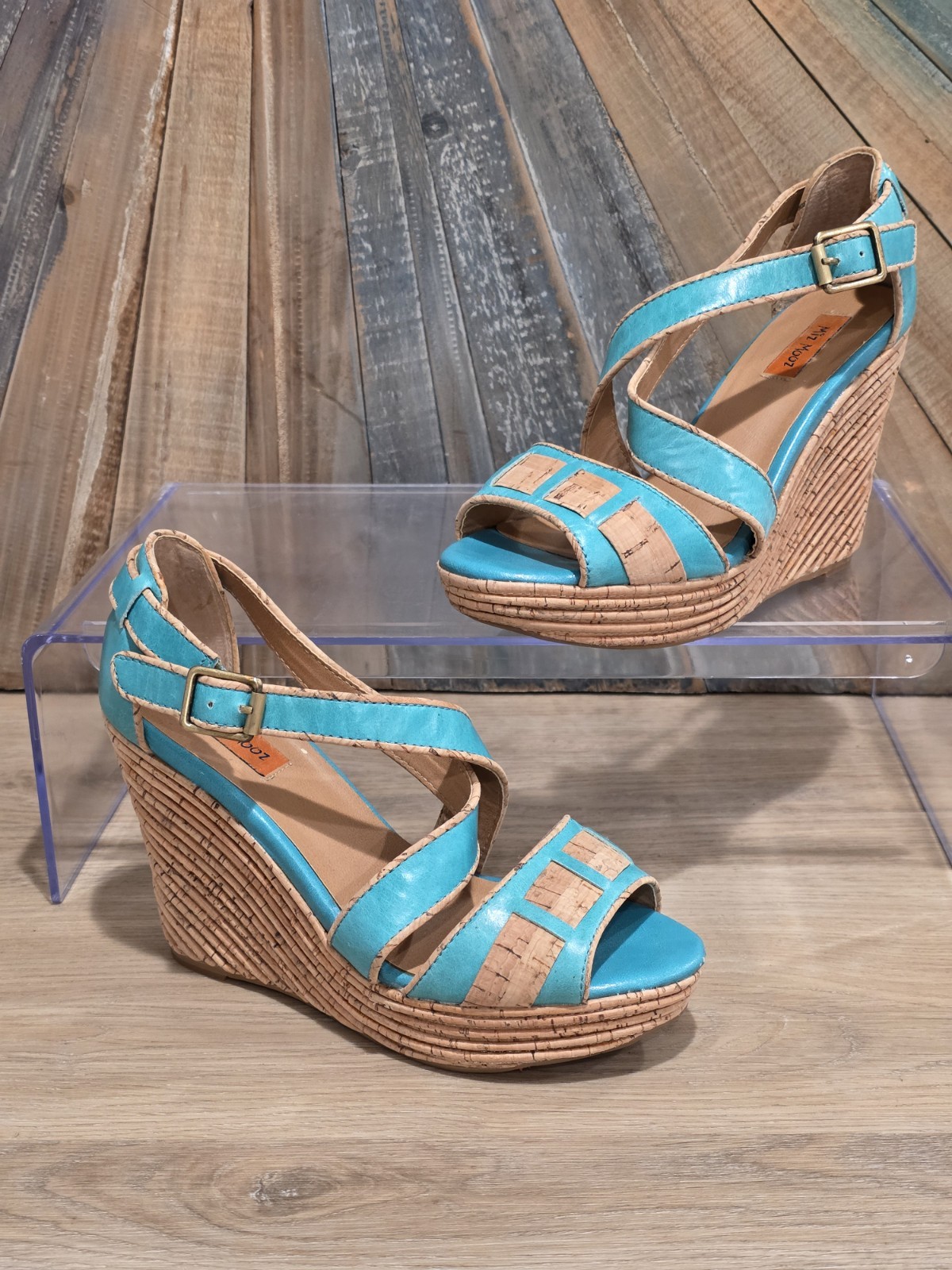 Miz Mooz Kenya Turquoise Leather Cork Wedge Sandals Women’s 6.5