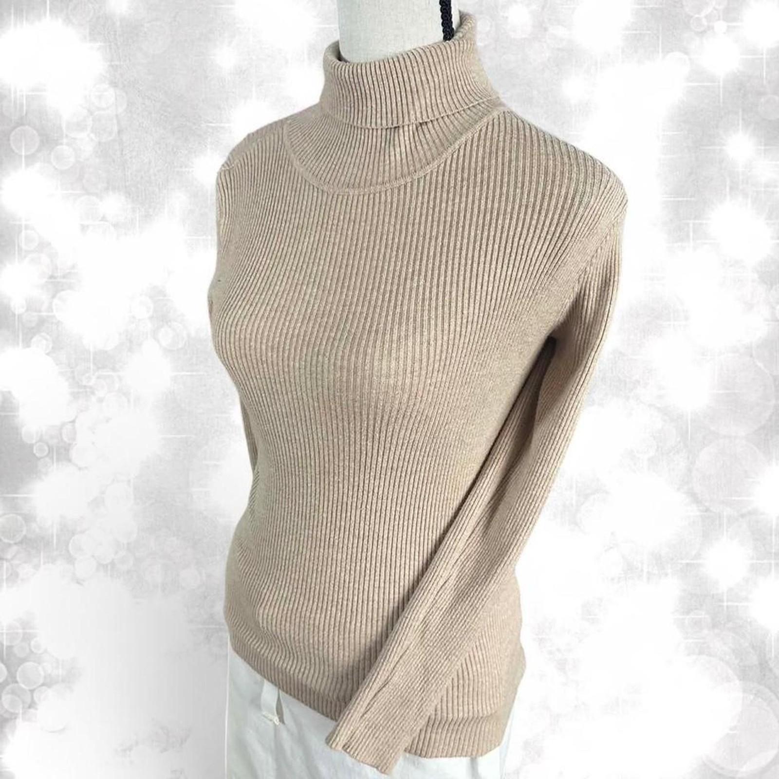 Minimalist Ribbed Beige Style Turtle Neck Long Sleeve Top